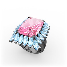 Paiva Yüzük - Pembe kuvars ve akuamarin 925 ayar siyah rodyum kaplama gümüş yüzük #sbzjlw