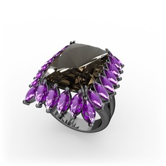 Paiva Yüzük - Dumanlı kuvars ve ametist 925 ayar siyah rodyum kaplama gümüş yüzük #t64xu1