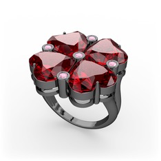 Lucky Yonca Yüzük - Garnet ve pembe kuvars 925 ayar siyah rodyum kaplama gümüş yüzük #1eet5mp