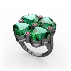 Lucky Yonca Yüzük - Yeşil kuvars ve garnet 925 ayar siyah rodyum kaplama gümüş yüzük #1n5y22z