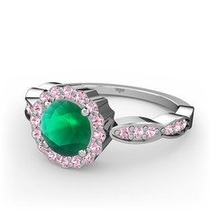 Kök zümrüt ve pembe kuvars 18 ayar beyaz altın yüzük