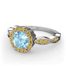 Akuamarin ve sitrin 14 ayar beyaz altın yüzük