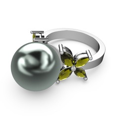 Kar Çiçeği İnci Yüzük - Siyah inci ve peridot 14 ayar beyaz altın yüzük #124n176