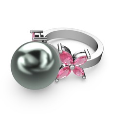 Siyah inci ve pembe kuvars 8 ayar beyaz altın yüzük