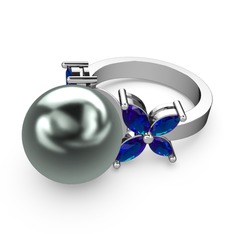 Kar Çiçeği İnci Yüzük - Siyah inci ve lab safir 14 ayar beyaz altın yüzük #14666yx