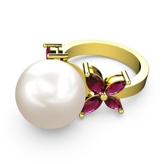 Kar Çiçeği İnci Yüzük - Inci ve rodolit garnet 14 ayar altın yüzük #18ndbmc