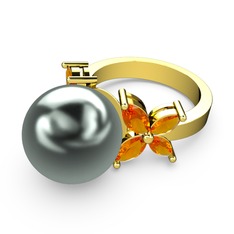 Kar Çiçeği İnci Yüzük - Siyah inci ve sitrin 18 ayar altın yüzük #1bzzla6