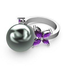 Kar Çiçeği İnci Yüzük - Siyah inci ve ametist 14 ayar beyaz altın yüzük #1dzzw47