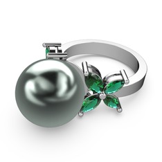 Kar Çiçeği İnci Yüzük - Siyah inci ve yeşil kuvars 18 ayar beyaz altın yüzük #1eqtws1