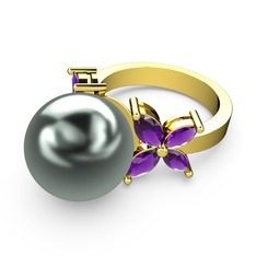 Kar Çiçeği İnci Yüzük - Siyah inci ve ametist 14 ayar altın yüzük #1i5uy0x