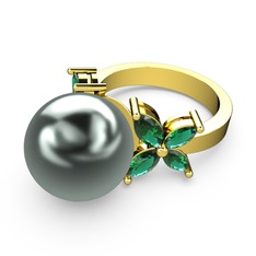 Siyah inci ve yeşil kuvars 8 ayar altın yüzük