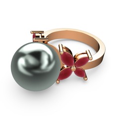 Kar Çiçeği İnci Yüzük - Siyah inci ve kök yakut 925 ayar rose altın kaplama gümüş yüzük #1tduqj4