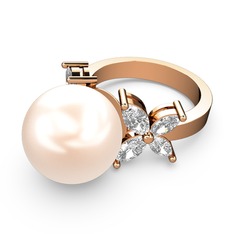 Kar Çiçeği İnci Yüzük - Pembe inci ve swarovski 8 ayar rose altın yüzük #1vt45im