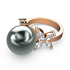 Kar Çiçeği İnci Yüzük - Siyah inci ve swarovski 8 ayar rose altın yüzük #1w7mcqb