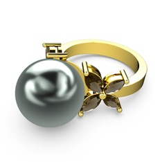 Siyah inci ve dumanlı kuvars 925 ayar altın kaplama gümüş yüzük