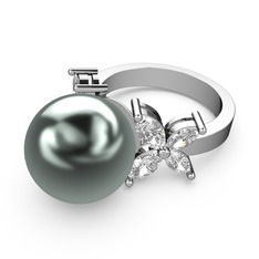 Kar Çiçeği İnci Yüzük - Siyah inci ve swarovski 14 ayar beyaz altın yüzük #7yr9ae