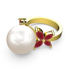 Kar Çiçeği İnci Yüzük - Inci ve kök yakut 18 ayar altın yüzük #82jiuo