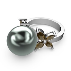 Kar Çiçeği İnci Yüzük - Siyah inci ve dumanlı kuvars 18 ayar beyaz altın yüzük #8fluhs