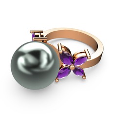 Kar Çiçeği İnci Yüzük - Siyah inci ve ametist 14 ayar rose altın yüzük #cjs3xp