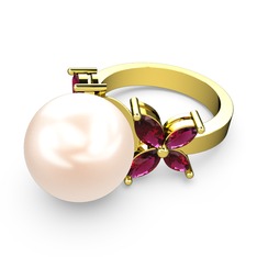 Kar Çiçeği İnci Yüzük - Pembe inci ve rodolit garnet 18 ayar altın yüzük #de4lqt