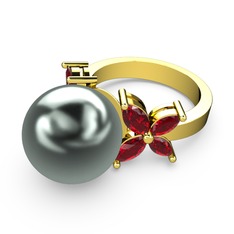 Kar Çiçeği İnci Yüzük - Siyah inci ve garnet 8 ayar altın yüzük #fj9kbn