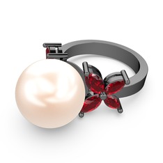 Kar Çiçeği İnci Yüzük - Pembe inci ve garnet 925 ayar siyah rodyum kaplama gümüş yüzük #i4ddwo