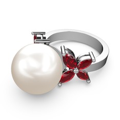 Kar Çiçeği İnci Yüzük - Inci ve garnet 18 ayar beyaz altın yüzük #jh5t7l