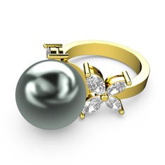 Kar Çiçeği İnci Yüzük - Siyah inci ve swarovski 14 ayar altın yüzük #tvr87k