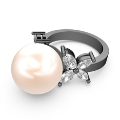 Kar Çiçeği İnci Yüzük - Pembe inci ve swarovski 925 ayar siyah rodyum kaplama gümüş yüzük #ucx1zo