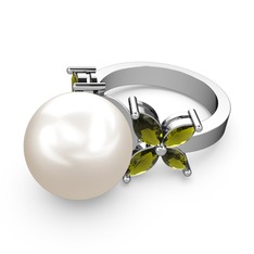 Kar Çiçeği İnci Yüzük - Inci ve peridot 14 ayar beyaz altın yüzük #zx93lg