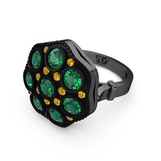 Glory Elmas Yüzük - Yeşil kuvars ve sitrin 925 ayar siyah rodyum kaplama gümüş yüzük #106f7o4