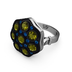 Peridot ve lab safir 14 ayar beyaz altın yüzük