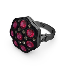 Glory Elmas Yüzük - Rodolit garnet ve dumanlı kuvars 925 ayar siyah rodyum kaplama gümüş yüzük #14lr756
