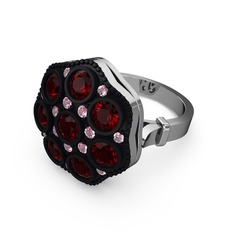Garnet ve pembe kuvars 18 ayar beyaz altın yüzük