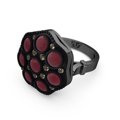 Glory Elmas Yüzük - Kök yakut ve dumanlı kuvars 925 ayar siyah rodyum kaplama gümüş yüzük #157csda