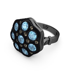 Glory Elmas Yüzük - Akuamarin ve dumanlı kuvars 925 ayar siyah rodyum kaplama gümüş yüzük #15q0795