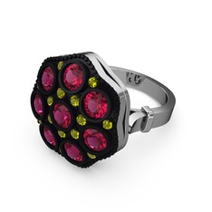 Rodolit garnet ve peridot 14 ayar beyaz altın yüzük