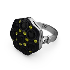 Siyah zirkon ve peridot 18 ayar beyaz altın yüzük