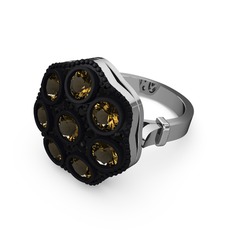 Dumanlı kuvars ve siyah zirkon 8 ayar beyaz altın yüzük