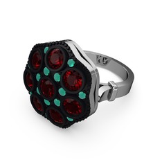 Glory Elmas Yüzük - Garnet ve kök zümrüt 8 ayar beyaz altın yüzük #1rntw31