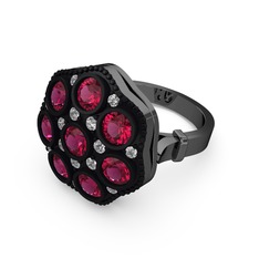 Glory Elmas Yüzük - Rodolit garnet ve elmas 925 ayar siyah rodyum kaplama gümüş yüzük (0.3 karat) #1rs2xha