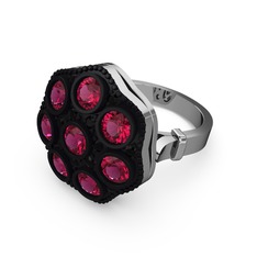 Rodolit garnet ve siyah zirkon 8 ayar beyaz altın yüzük