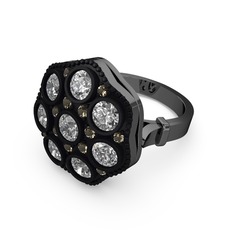 Glory Elmas Yüzük - Swarovski ve dumanlı kuvars 925 ayar siyah rodyum kaplama gümüş yüzük #1vyhoxs