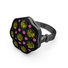 Glory Elmas Yüzük - Peridot ve rodolit garnet 925 ayar siyah rodyum kaplama gümüş yüzük #7ftzu4