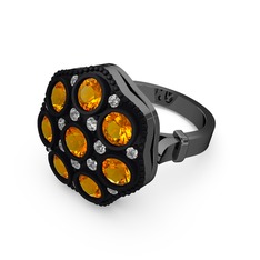 Sitrin ve pırlanta 925 ayar siyah rodyum kaplama gümüş yüzük (0.3 karat)