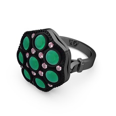 Glory Elmas Yüzük - Kök zümrüt ve pembe kuvars 925 ayar siyah rodyum kaplama gümüş yüzük #9npcyg