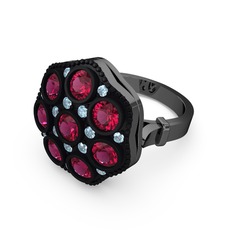 Glory Elmas Yüzük - Rodolit garnet ve akuamarin 925 ayar siyah rodyum kaplama gümüş yüzük #c49fcy