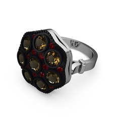 Glory Elmas Yüzük - Dumanlı kuvars ve garnet 14 ayar beyaz altın yüzük #cb2gsd