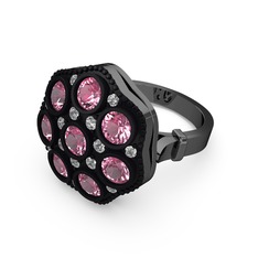 Glory Elmas Yüzük - Pembe kuvars ve swarovski 925 ayar siyah rodyum kaplama gümüş yüzük #d7tddg