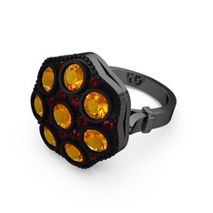 Glory Elmas Yüzük - Sitrin ve garnet 925 ayar siyah rodyum kaplama gümüş yüzük #h4ccs7